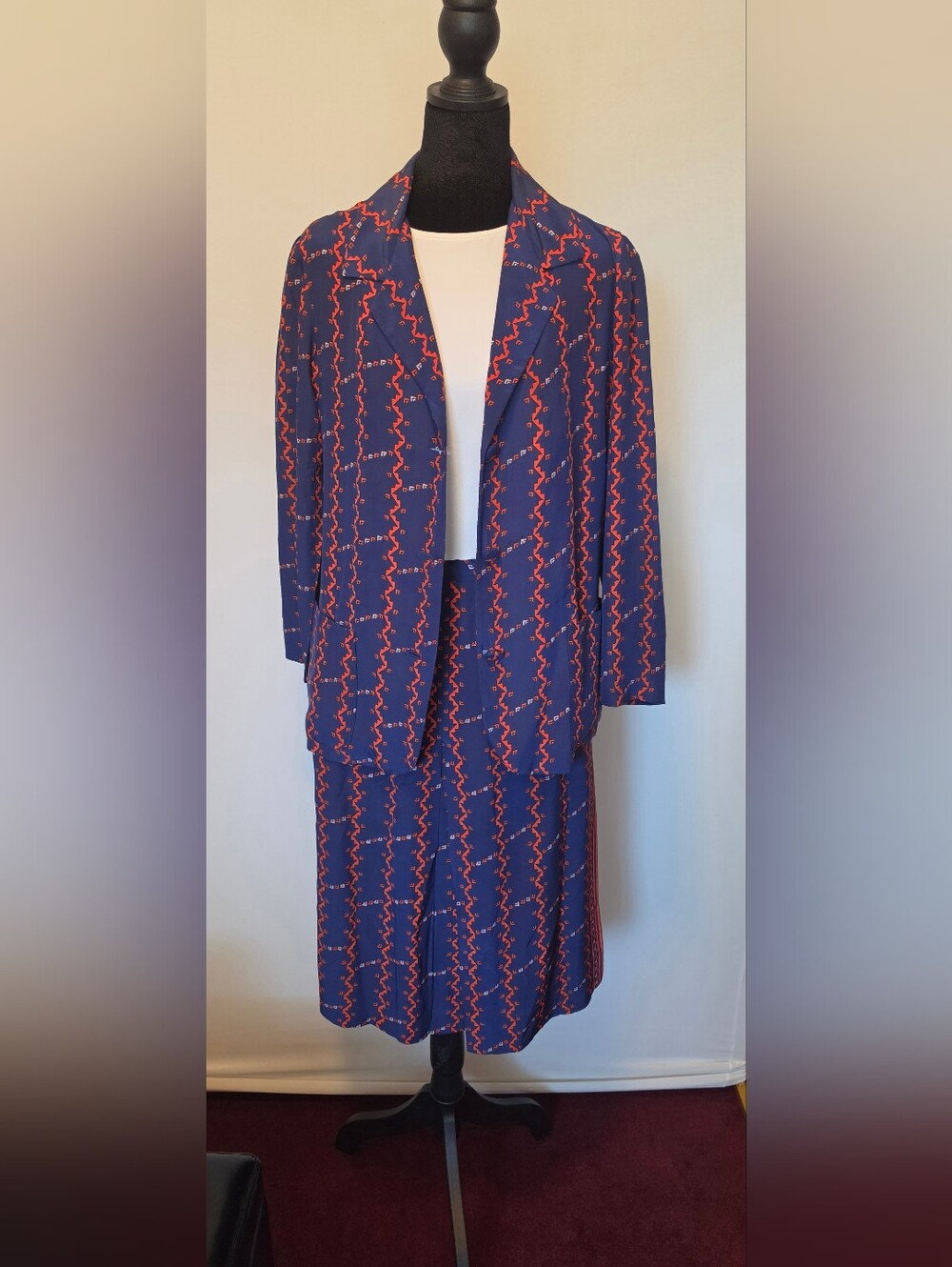 Vintage Navy And Red Silk Patterned Suit By Hermitt